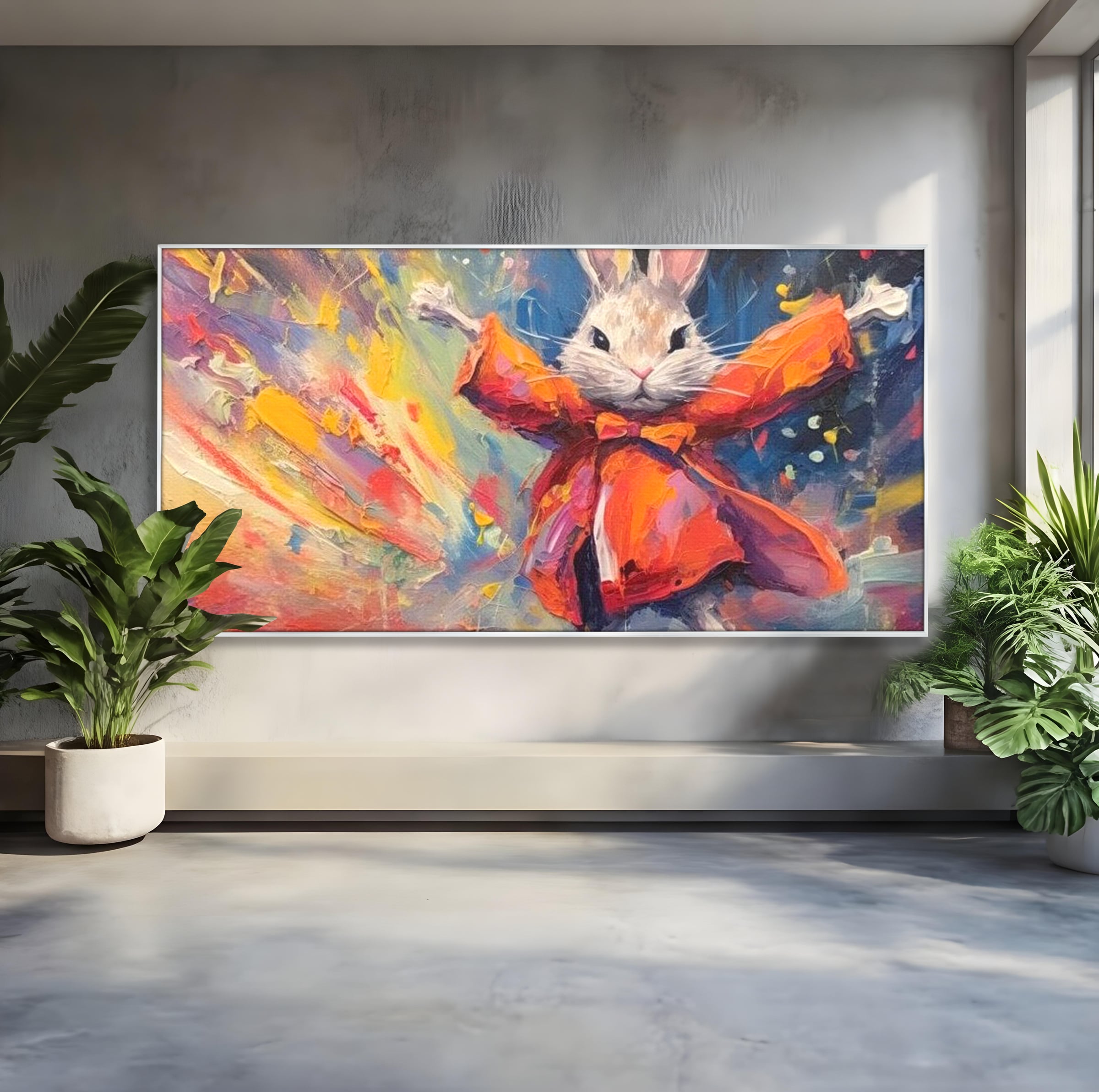 Tablou canvas cu tablou canvas cu iepuras magician colorat, in rama de aluminiu argintiu